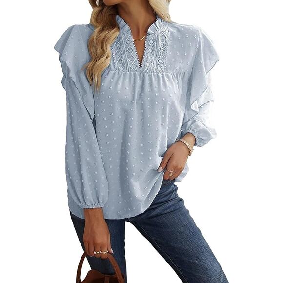 Blue Swiss Dot Ruffle Soft Girl Coquette Peasant Prairie Cottage‎ Sheer Blouse L - Picture 2 of 6